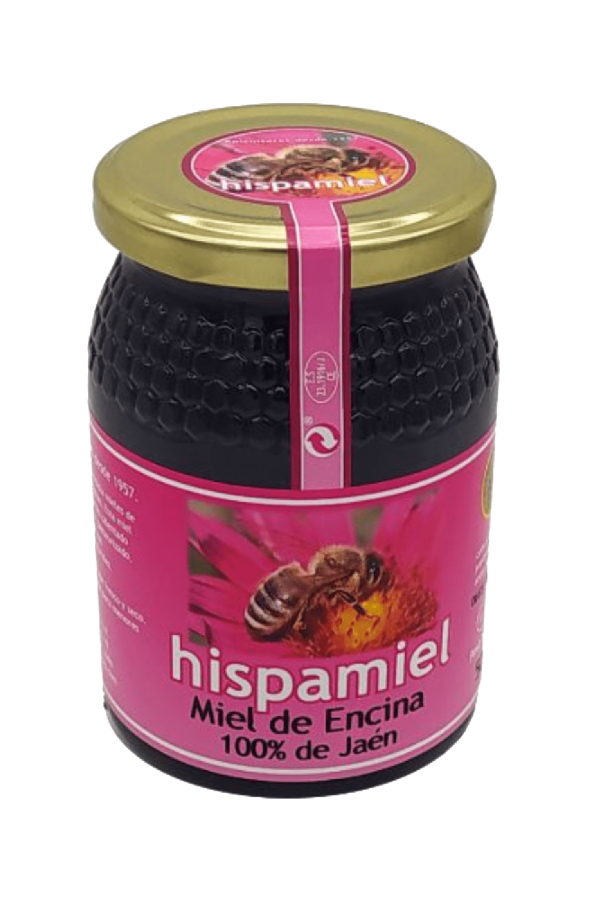 Tarro de Miel de Encina o Bosque Hispamiel con color oscuro y textura densa, ideal para recetas y consumo directo.