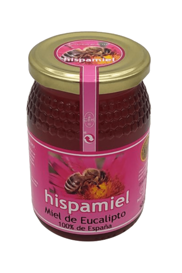 Tarro de Miel de Eucalipto Hispamiel, miel artesanal con sabor balsámico y beneficios respiratorios.