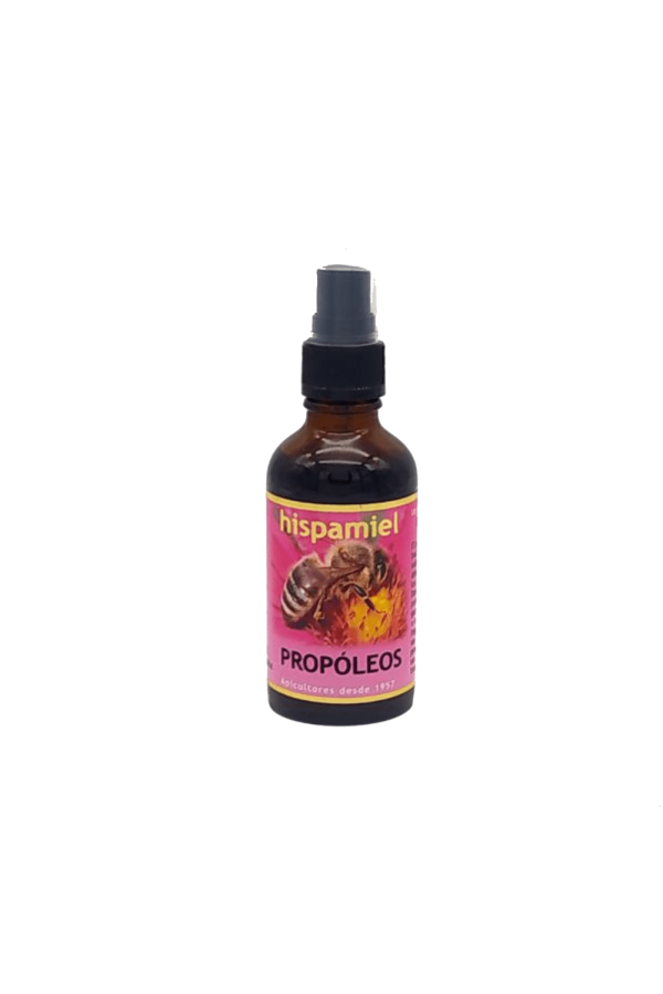 Botella de Extracto de Propóleo en Spray 50 ml Hispamiel, con propiedades calmantes y protectoras.