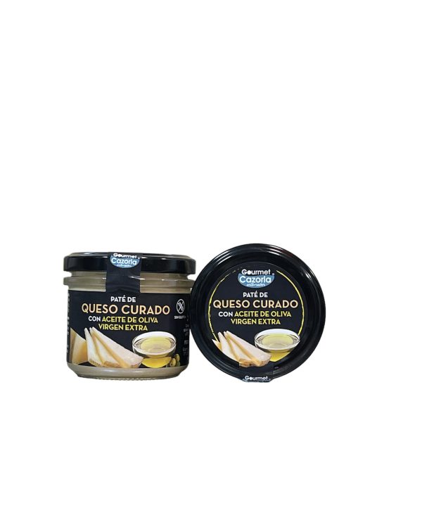 Tarro de Paté de Queso Curado con Aceite de Oliva Virgen Extra Cazorla, producto gourmet de alta calidad.