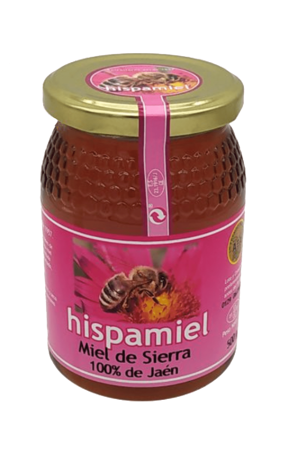 Tarro de Miel Sierra Multifloral Hispamiel, una miel natural y artesanal de flores silvestres.
