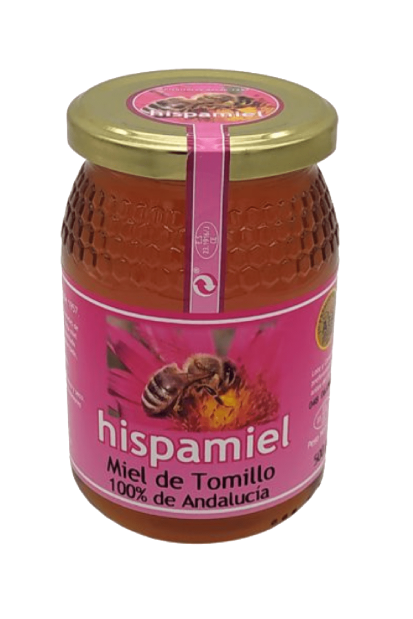 Tarro de Miel de Tomillo Hispamiel, miel natural con propiedades antibacterianas y digestivas.