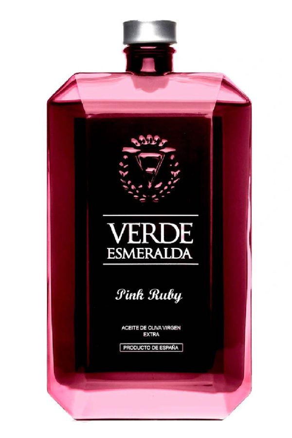 Botella de Aceite de Oliva Virgen Extra Verde Esmeralda Pink Ruby, variedad Hojiblanca.