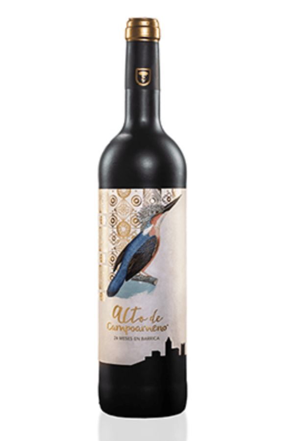 Botella de Alto de Campoameno, vino tinto Tempranillo de crianza en barrica, ideal para maridar con carnes y quesos.