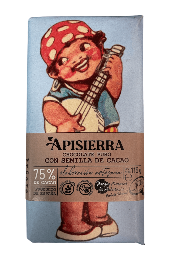 Tableta de Chocolate Artesano 75% con Semillas de Cacao Apisierra, con un toque crujiente y un sabor intenso.