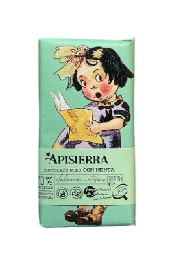 Tableta de Chocolate con Menta Apisierra con cacao de alta calidad y menta natural.
