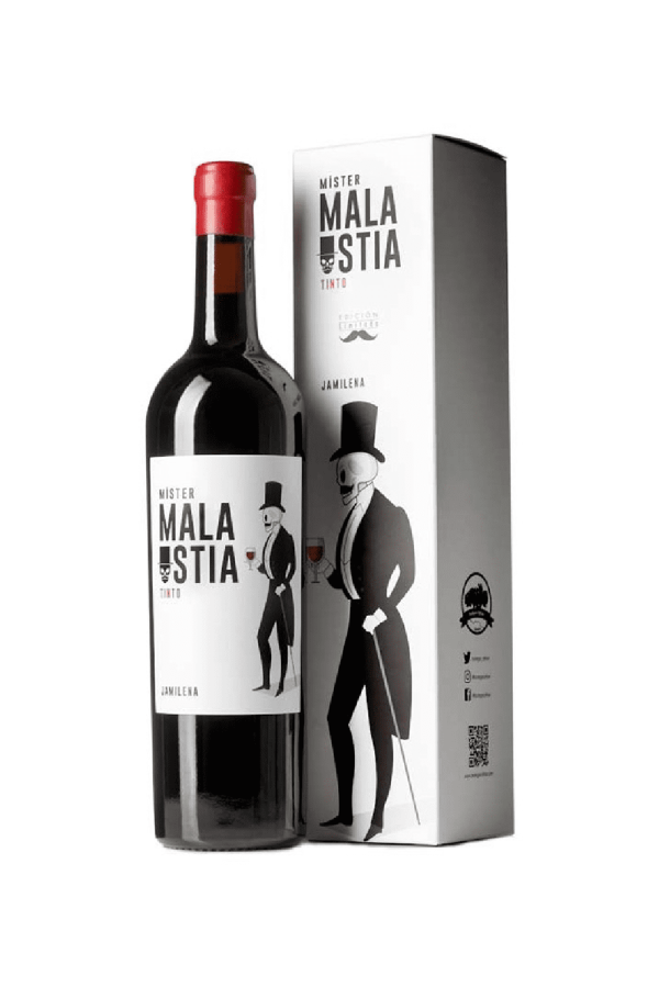 Imagen del Vino Tinto Mister Malaostia en botella de alta calidad, elaborado con uvas Tempranillo y crianza en roble.