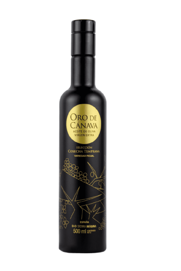 Aceite de oliva virgen extra Oro de Cánava Picual Temprano 500 ml, AOVE de Sierra Mágina, Jaén, de cosecha temprana y calidad premium.
