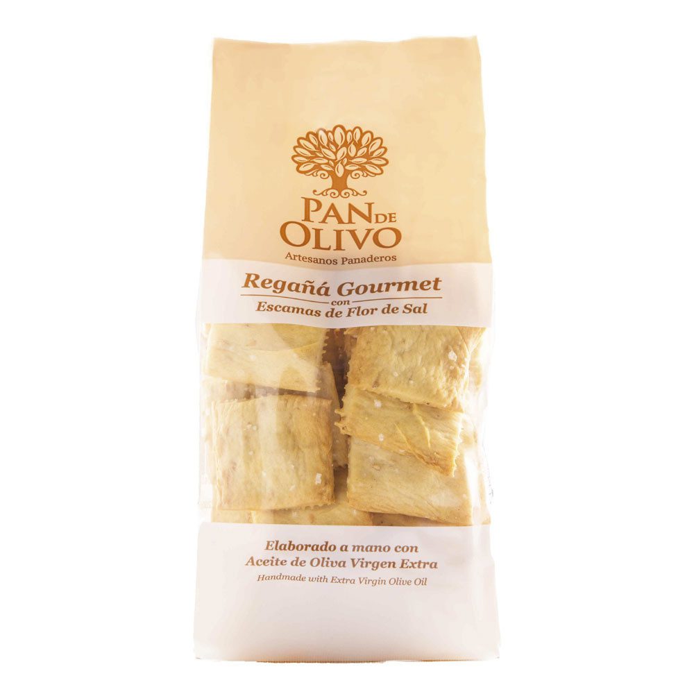 Regañá de Aceite de Oliva y Sal Virgen del Manantial Regañá de Aceite de Oliva Virgen Extra y Sal Virgen del Manantial Pan de Olivo, snack crujiente con ingredientes naturales.