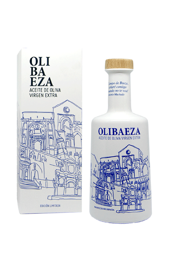 Aceite de oliva virgen extra Olibaeza Patrimonio Azul, botella premium de alta calidad