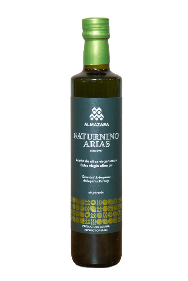 Aceite de Oliva Virgen Extra Arbequina Temprano Saturnino Arias, con perfil suave y afrutado, ideal para consumo en crudo.