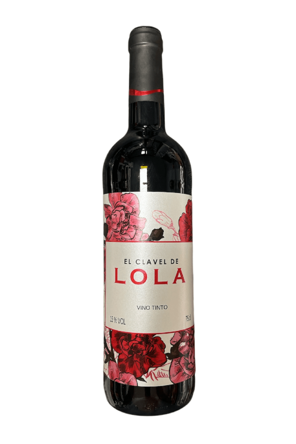 Botella de Vino Tinto Clavel de Lola, Tempranillo con crianza en roble de una bodega de calidad, con aromas a frutas rojas y especias.