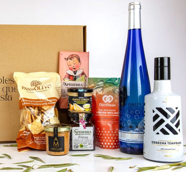 Caja Regalo Jarrucheo con productos gourmet exclusivos de Jaén, incluyendo aceites de oliva virgen extra, mermeladas y vinos, perfecta para regalar.