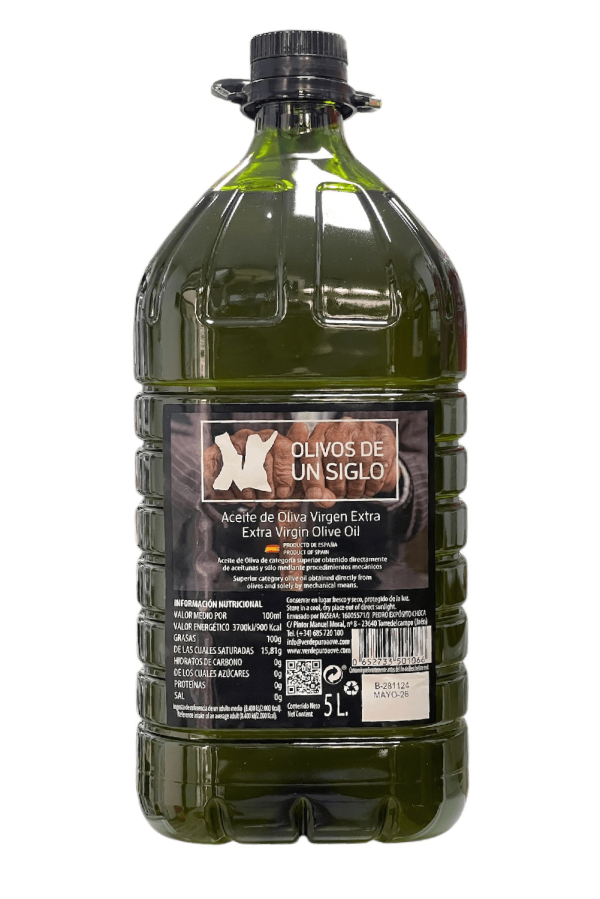 Aceite de oliva virgen extra Olivos de un Siglo en botella elegante, elaborado con aceitunas de olivos centenarios de Jaén.