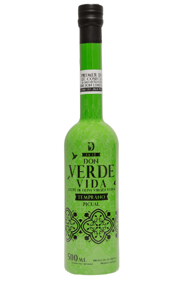 Botella de Aceite de Oliva Virgen Extra Picual Don Verde Vida, con certificación DOP Sierra Mágina y sello Degusta Jaén Calidad Oro, sobre fondo blanco.