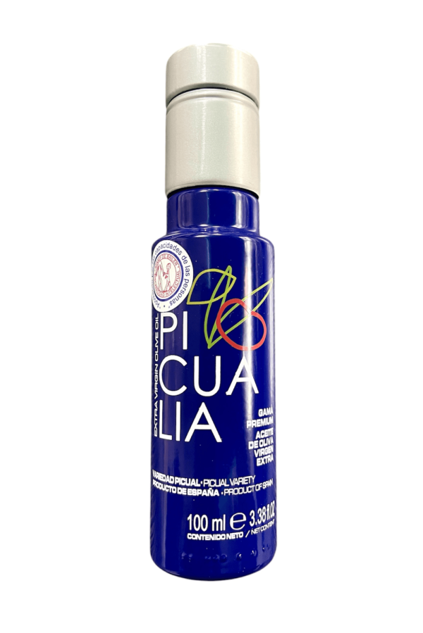 Botella de 100 ml de AOVE Picual Picualia, con sabor intenso y calidad excepcional.