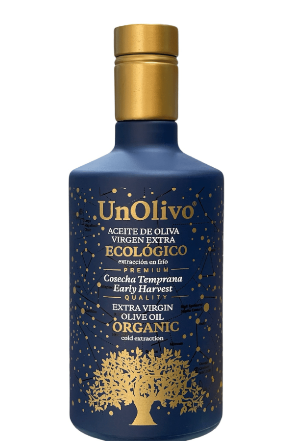 Botella de Unolivo Picual Ecológico Premium – Aceite de oliva virgen extra verde esmeralda ecológico.