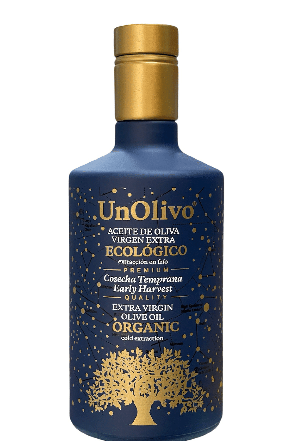 Botella de Unolivo Picual Ecológico Premium – Aceite de oliva virgen extra verde esmeralda ecológico.