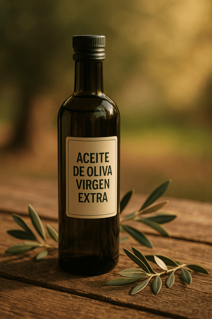 Botella de aceite de oliva virgen extra de Jaén sobre fondo rústico, ideal para saber cómo elegir un buen AOVE gourmet.
