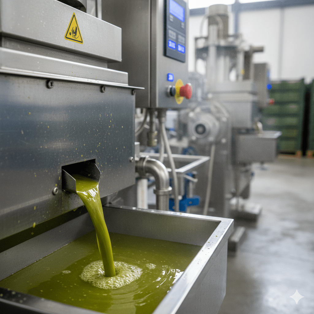 Aceite verde intenso recién extraído de aceitunas de Jaén