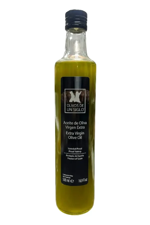 Aceite de oliva virgen extra sin filtrar Olivos de un Siglo, AOVE natural de Jaén, verde y turbio.
