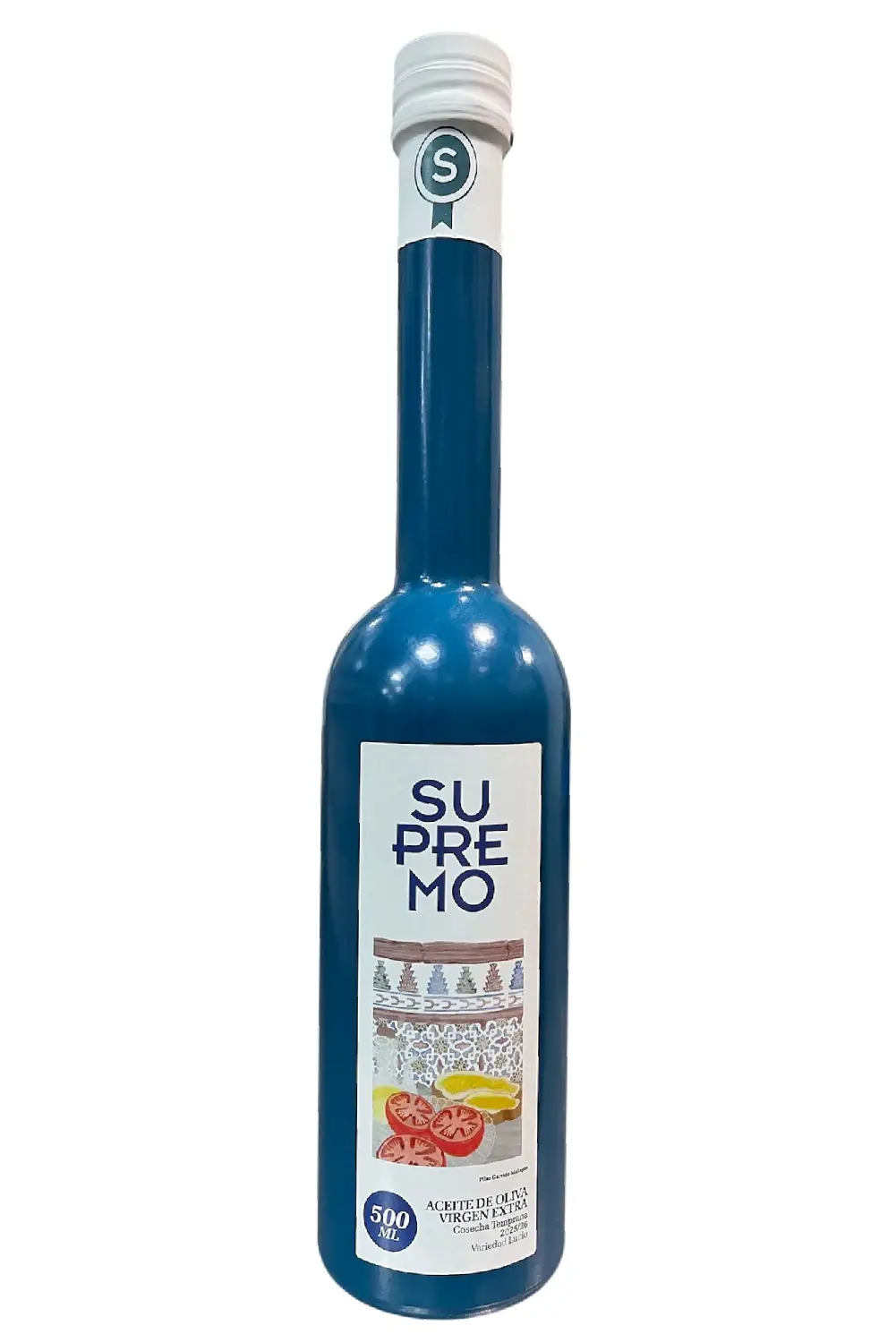 Aceite de oliva virgen extra Lucio Supremo, AOVE verde intenso de variedad Lucio, autóctona de Jaén, complejo y equilibrado.
