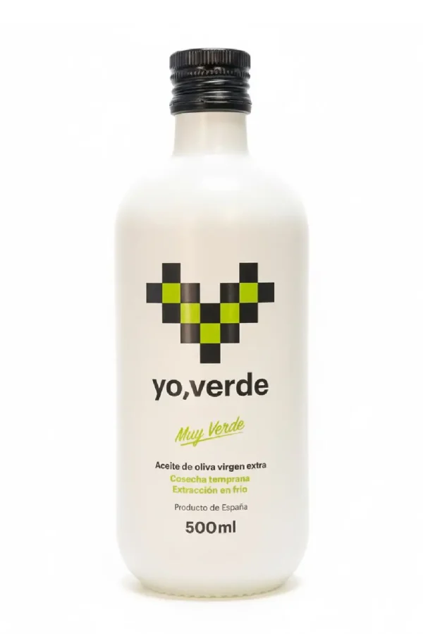 Aceite de oliva virgen extra Yo, Verde Picual, AOVE gourmet de Jaén, fresco, intenso y de cosecha temprana.